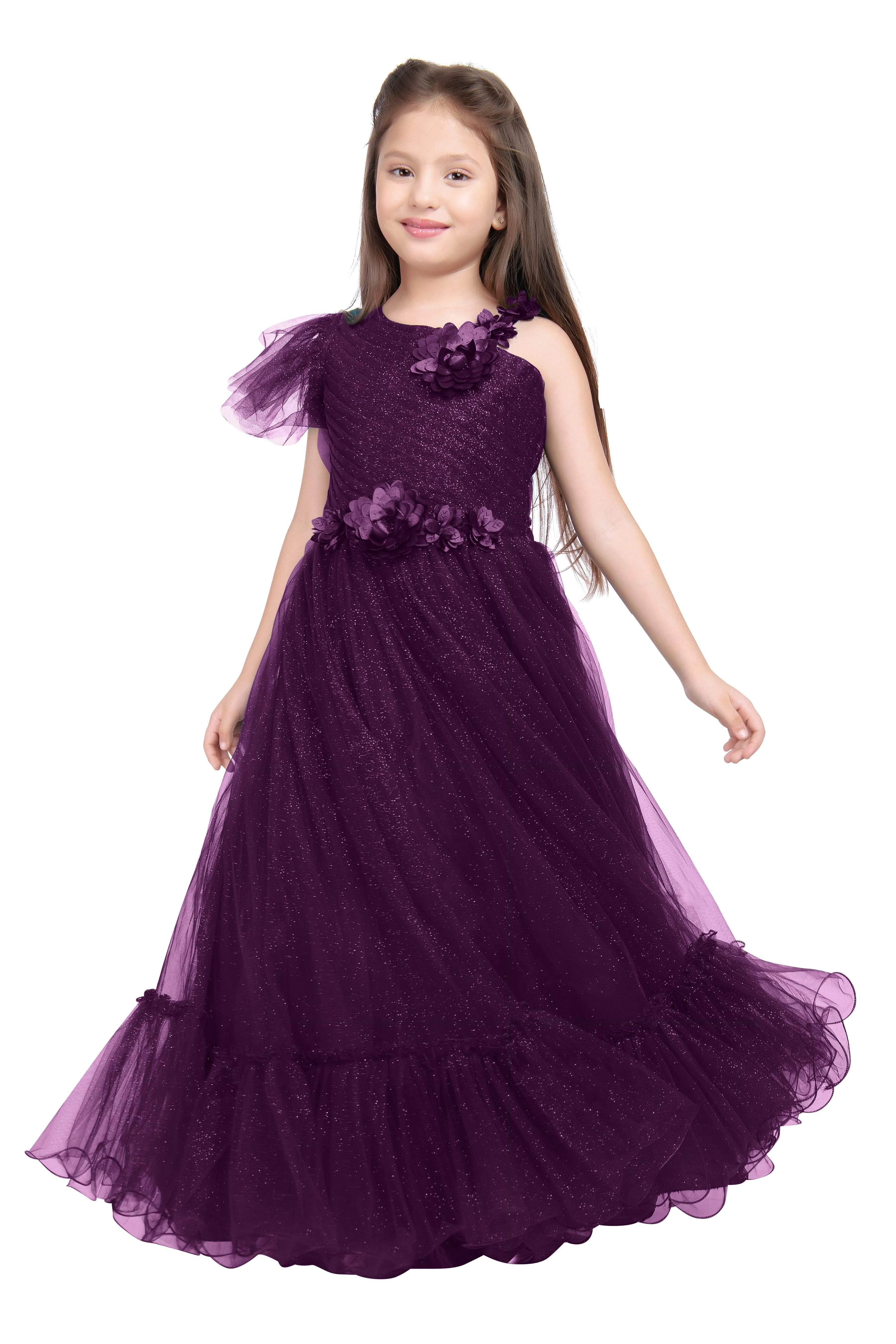 Wine Coloured Imported Net One Side Shoulder Pattern Gown For Girls