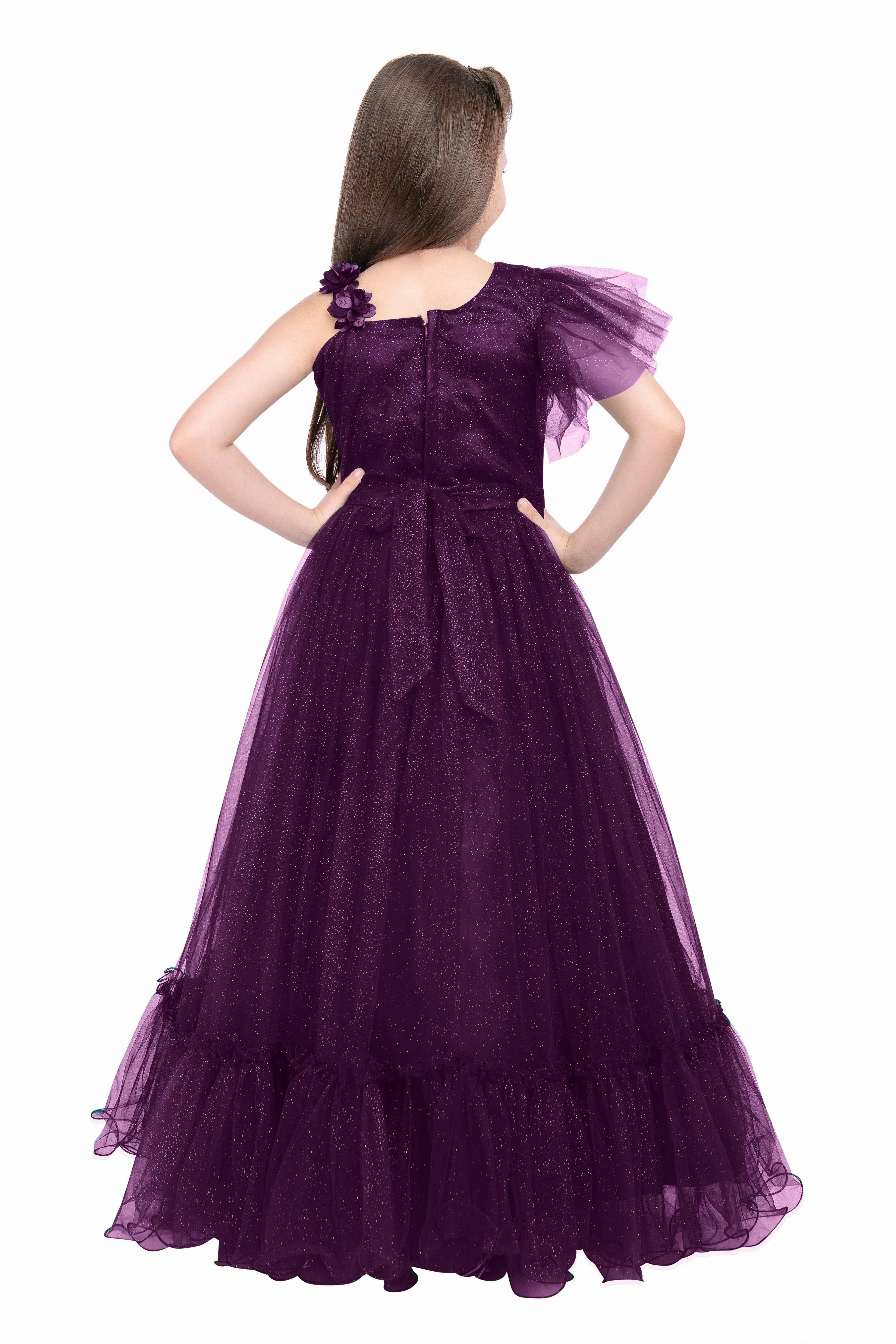 Wine Coloured Imported Net One Side Shoulder Pattern Gown For Girls